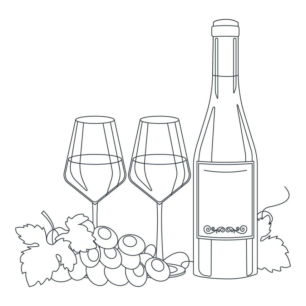 flaska av vin, vin i glasögon och druva. linjekonst, översikt endast. vektor grafisk.