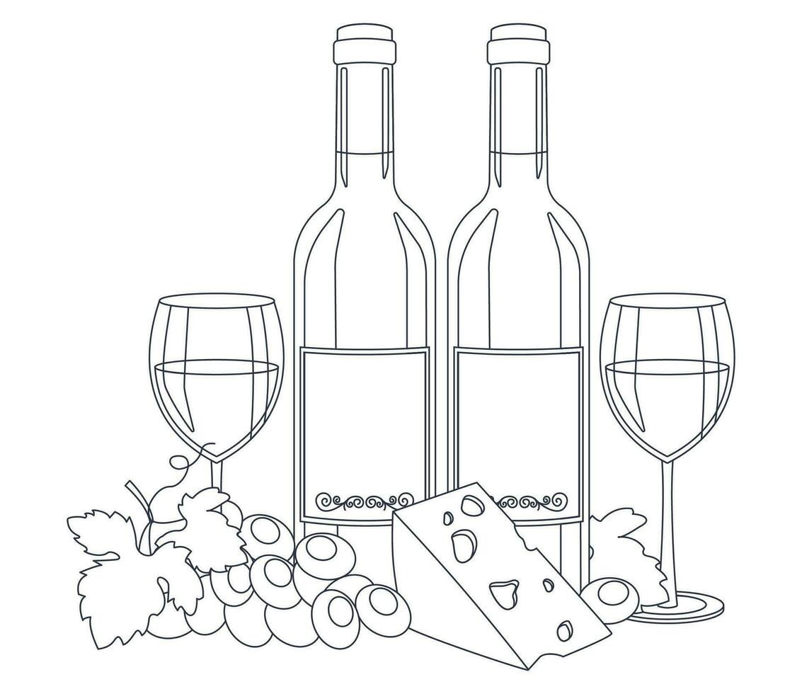 flaskor av vin, vin i glasögon, ost och druva. linjekonst, översikt endast. vektor grafisk.
