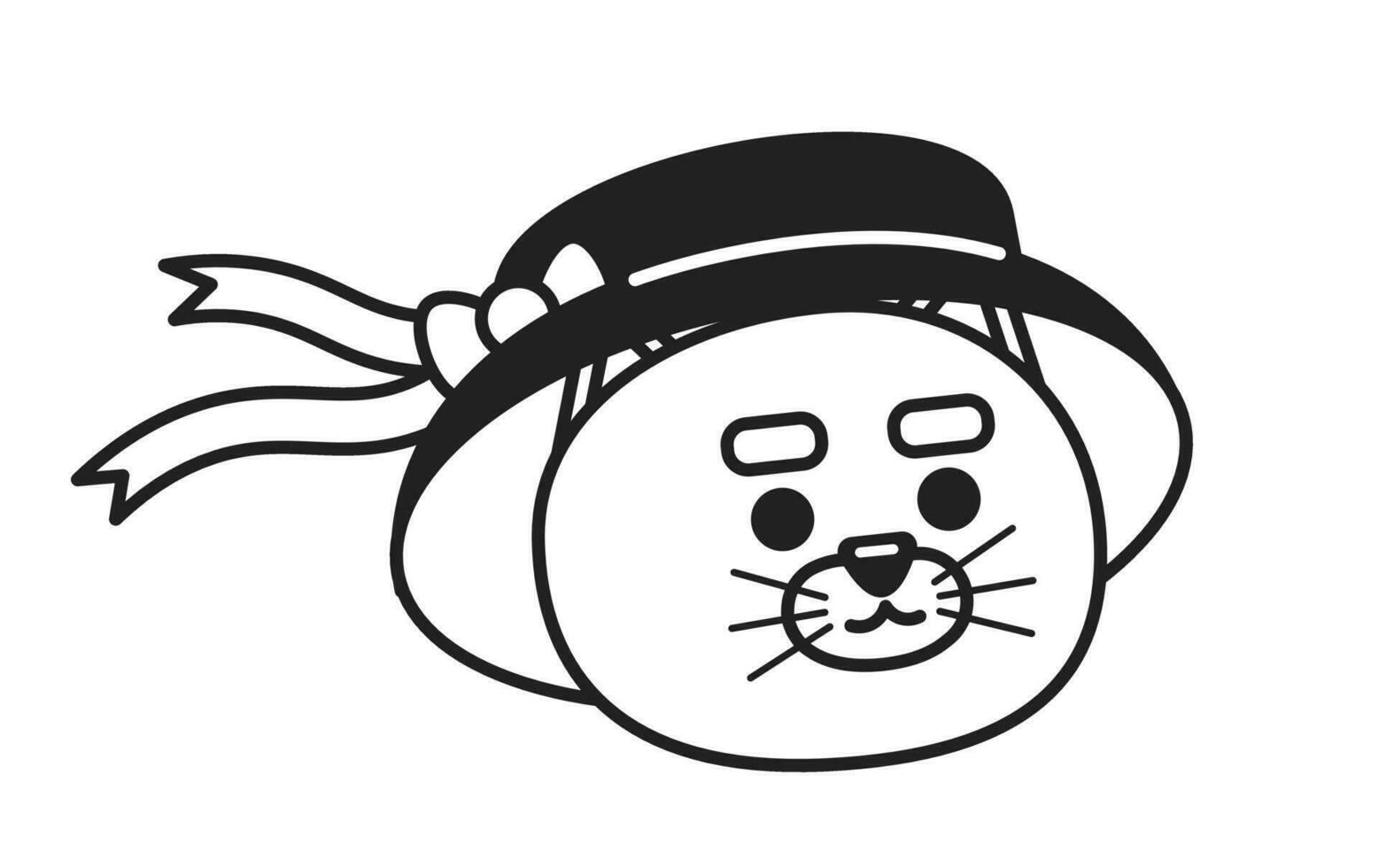 söt kattunge bär flickaktiga band hatt svartvit platt linjär karaktär huvud. söt katt i barnslig hink hatt. redigerbar översikt hand dragen ikon. 2d tecknad serie fläck vektor avatar illustration