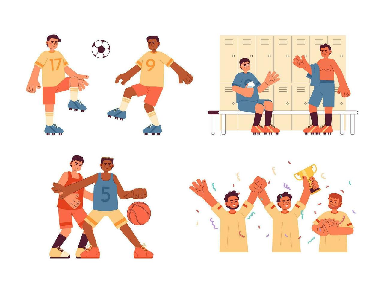 Mannschaft Sport eben Konzept Vektor Stelle Abbildungen Satz. Meisterschaft. spielen Fußball. gewinnen 2d Karikatur Zeichen auf Weiß zum Netz ui Design. isoliert editierbar kreativ Held Bild Sammlung