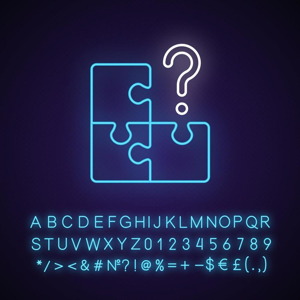 Mosaik-Neonlicht-Symbol. Suche nach fehlendem Stück. Herausforderung für die Logik. Labyrinth Puzzle lösen. äußerer Leuchteffekt. Zeichen mit Alphabet, Zahlen und Symbolen. vektor isoliert rgb farbillustration