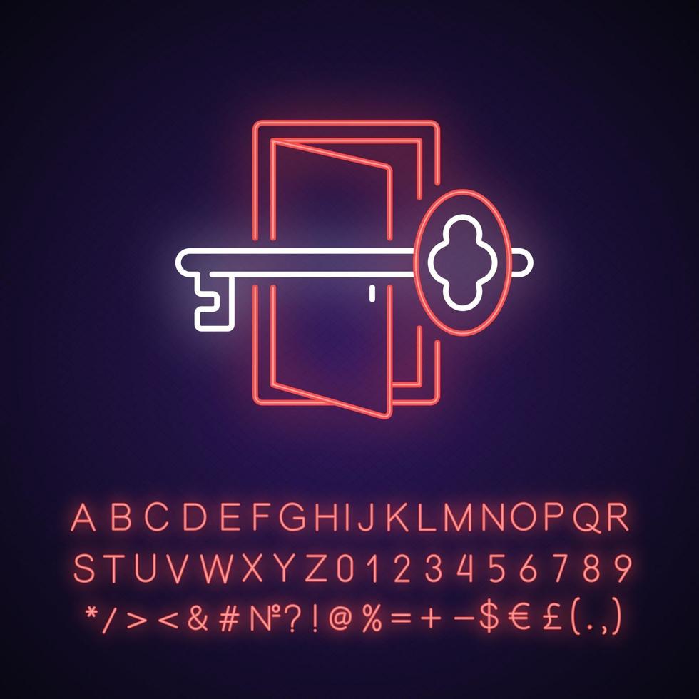 Schlüssel finden, um das Neonlichtsymbol herauszuholen. Zugang zur offenen Tür erhalten. Rätsel lösen, Hinweise für Rätsel. äußerer Leuchteffekt. Zeichen mit Alphabet, Zahlen und Symbolen. vektor isoliert rgb farbillustration