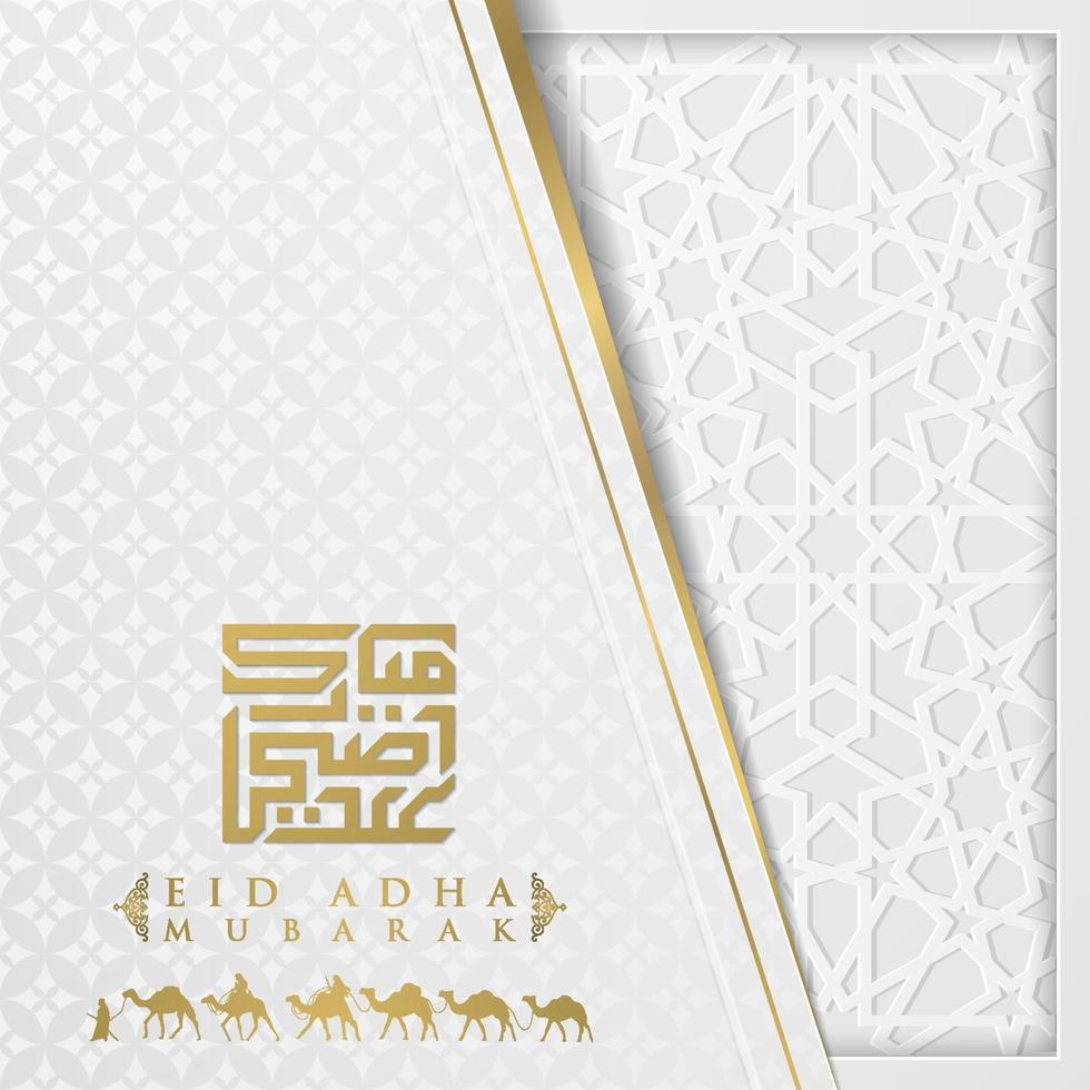 Eid Adha Mubarak Grußkarte islamisches Blumenmuster-Vektordesign mit arabischer Kalligraphie, Halbmond vektor