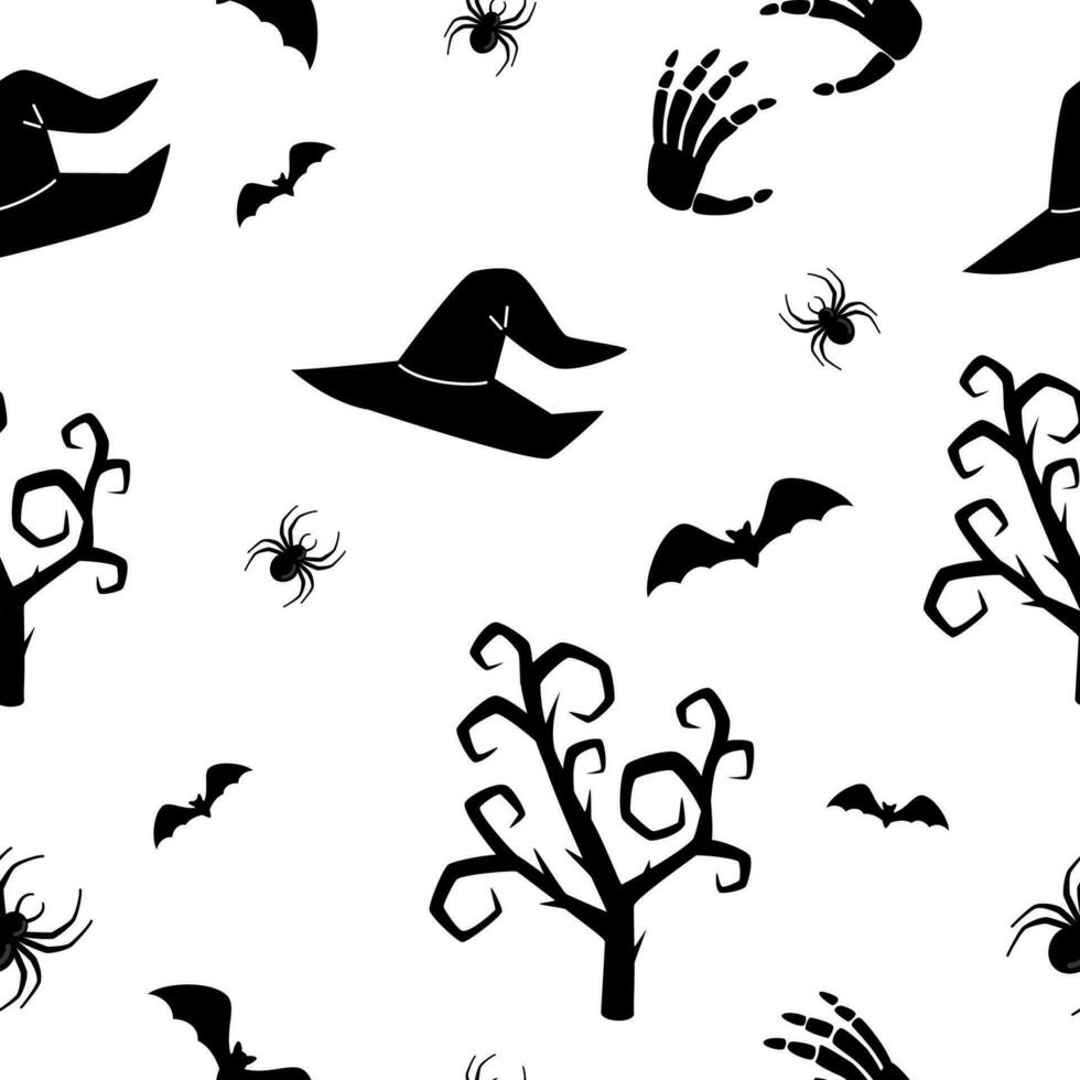 Halloween nahtlos Muster mit Spinne, Halloween Hut, Baum, Schläger. Vektor Illustration.