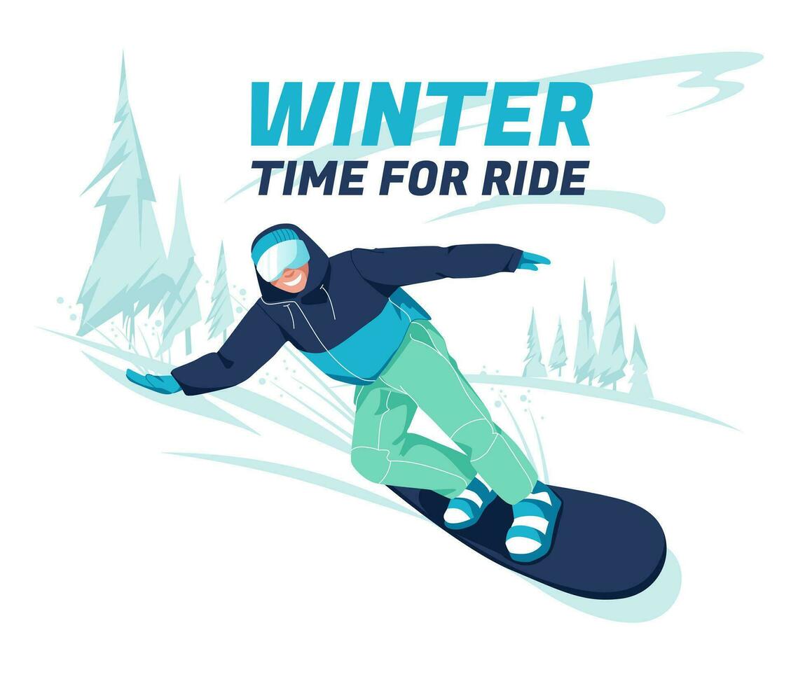 scen av snowboardåkare ridning styrelse på snöig bergssidor eller backar. Lycklig leende ung man i vinter- utrusta glidning och Hoppar med snowboards. utomhus- sporter aktivitet. vektor
