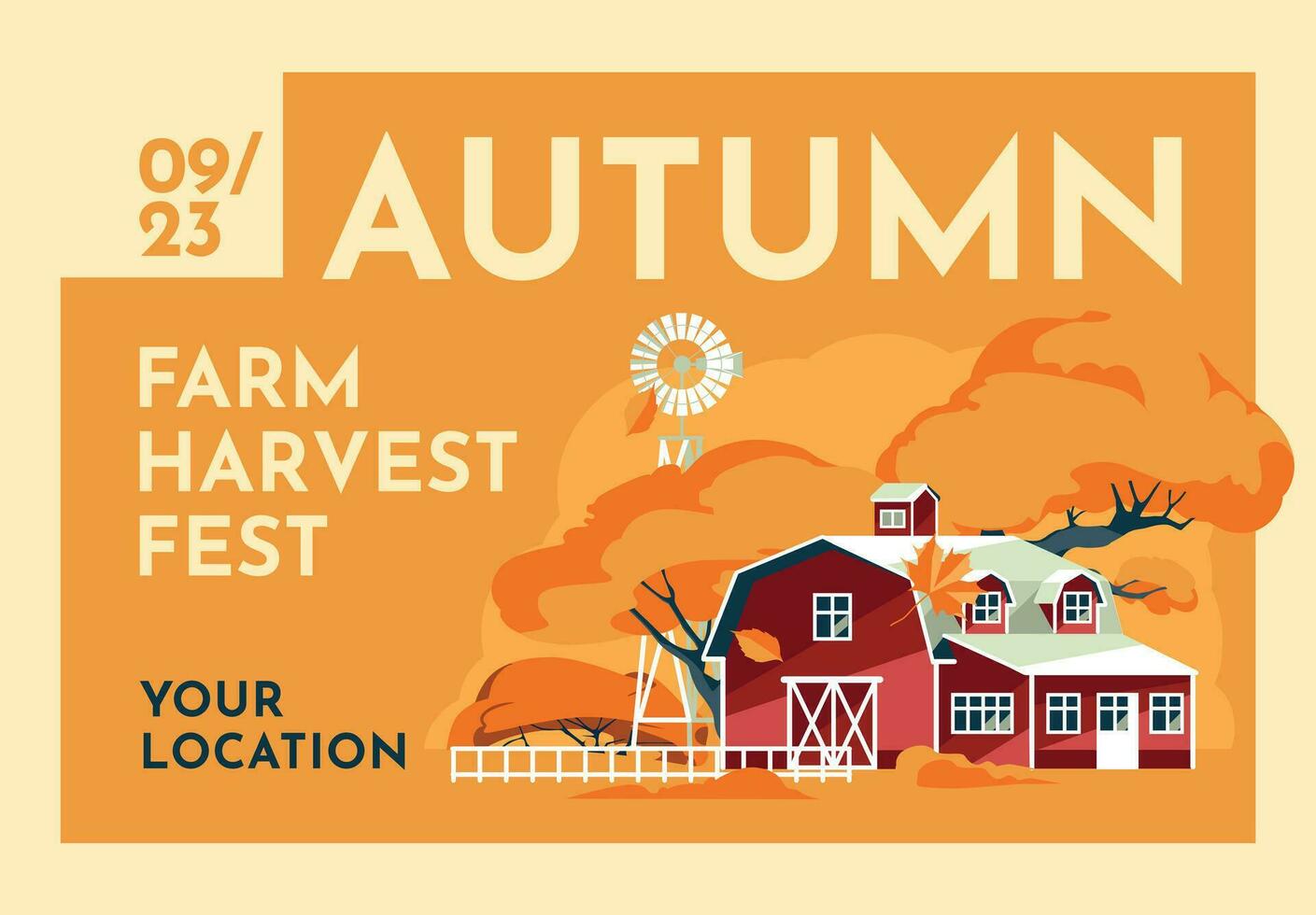 Herbst traditionell rot Haus auf Gruß Karten, Poster mit Text. Festival von Landwirtschaft und Landwirtschaft Jahreszeit. Vektor eben Illustration