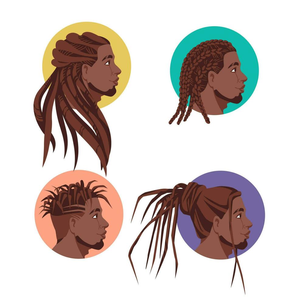 Schönheit Salon Logo und Identität. eben Vektor Illustration von Männer Gesicht. traditionell lockig Frisuren von afrikanisch amerikanisch Männer.