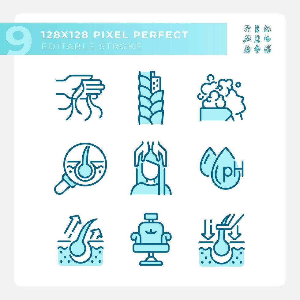 Pixel perfekt Blau Symbole einstellen von Haarpflege, editierbar dünn linear kreativ monochromatisch Illustration. vektor