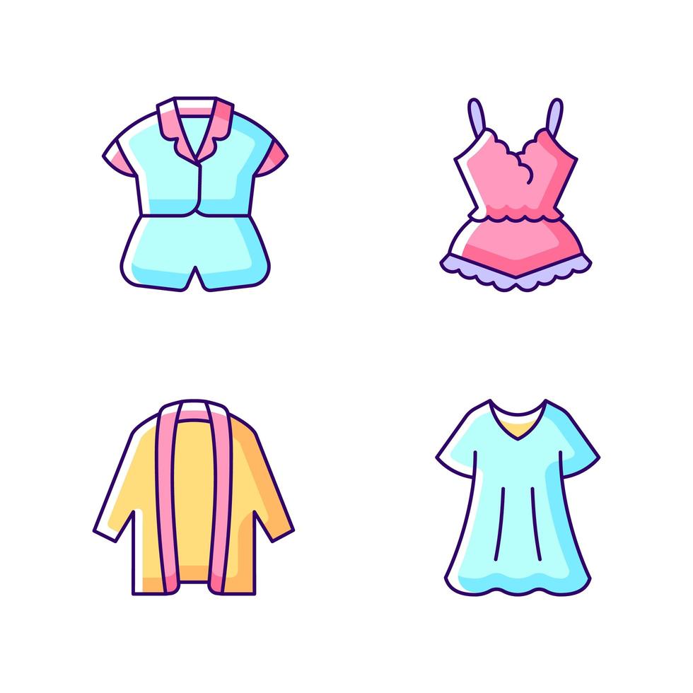 Homewear RGB-Farbsymbole gesetzt. Seidentop und Shorts. Spitze Pyjamas. lange Strickjacke. sportliches Kleid. isolierte Vektorillustrationen. bequeme Nachtwäsche einfache gefüllte Strichzeichnungen-Kollektion vektor