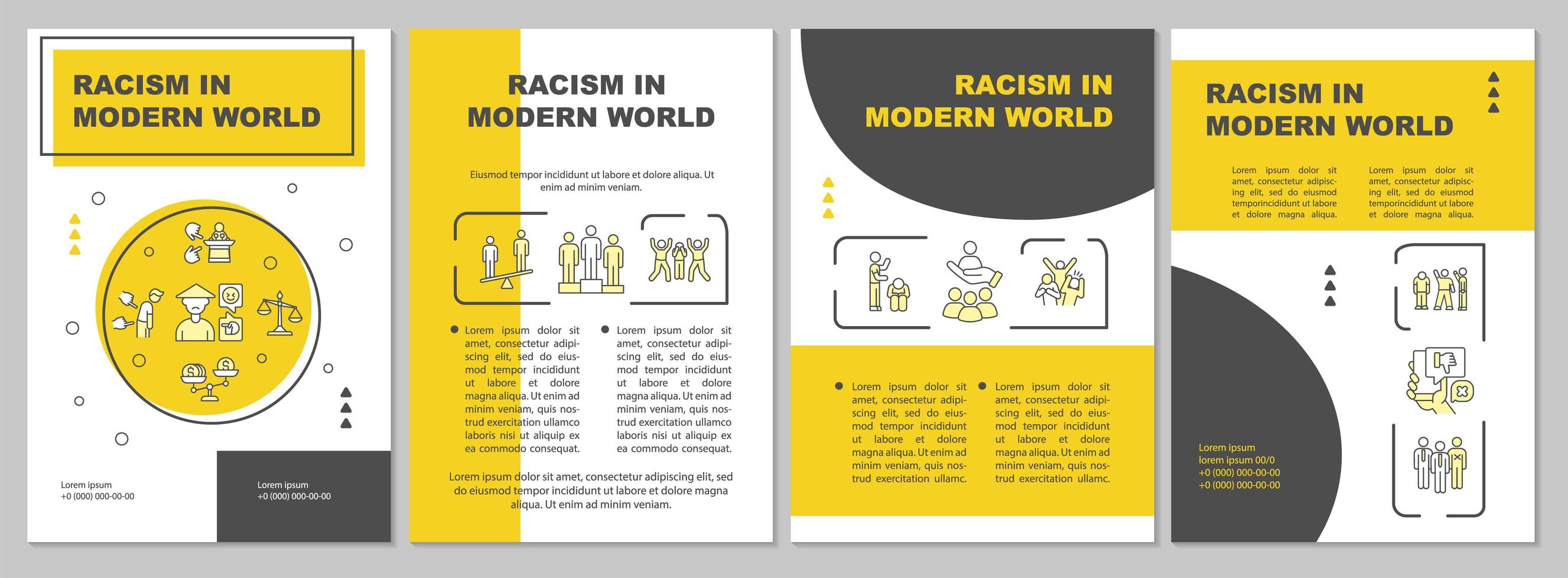 rasism i den moderna världens broschyrmall. sociala frågor. flygblad, häfte, broschyrutskrift, omslagsdesign med linjära ikoner. vektorlayouter för presentation, årsredovisningar, annonssidor vektor