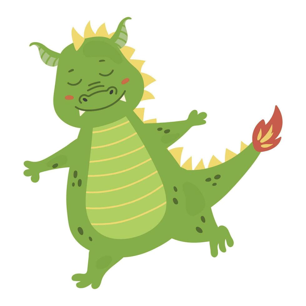 Stehen süß Grün Drachen. Baby Dinosaurier zum Kinder, Märchen Dino Illustration isoliert auf Weiß Hintergrund. Vektor süß Libelle Dino Charakter, Karikatur Illustration