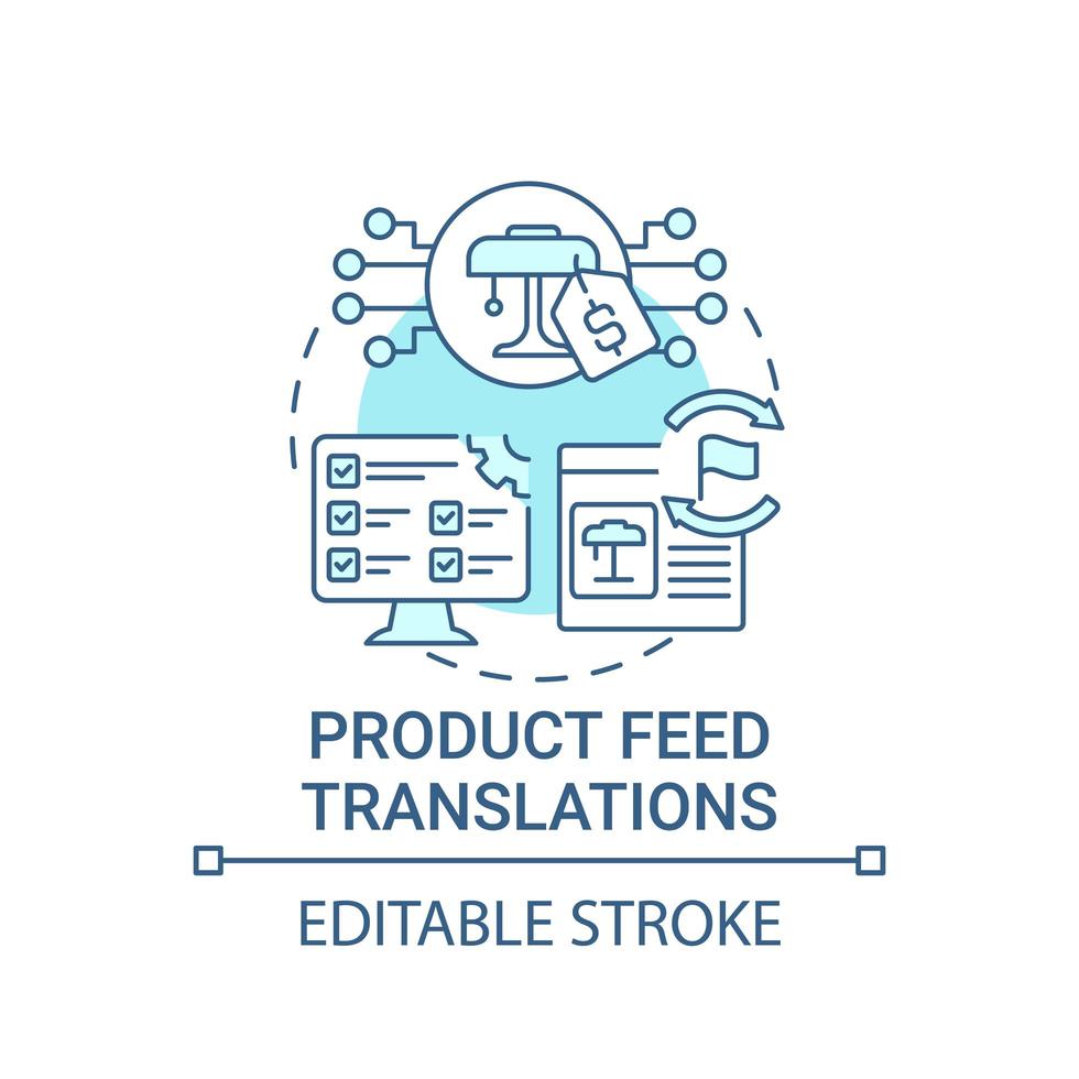 produkt flöde översättningar koncept ikon. global marknadsplats abstrakt idé tunn linje illustration. artikelinformation till flera språk. vektor isolerad kontur färg ritning. redigerbar stroke