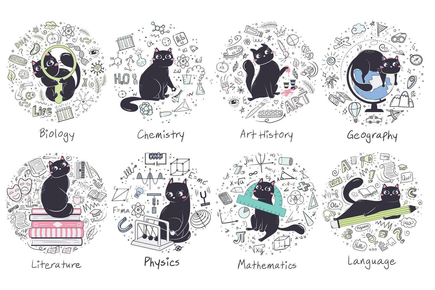historia av konst, biologi, kemi, geografi, litteratur, fysik, matematik, språk. uppsättning av bakgrunder för skola ämnen med klotter objekt och en söt katt. vektor