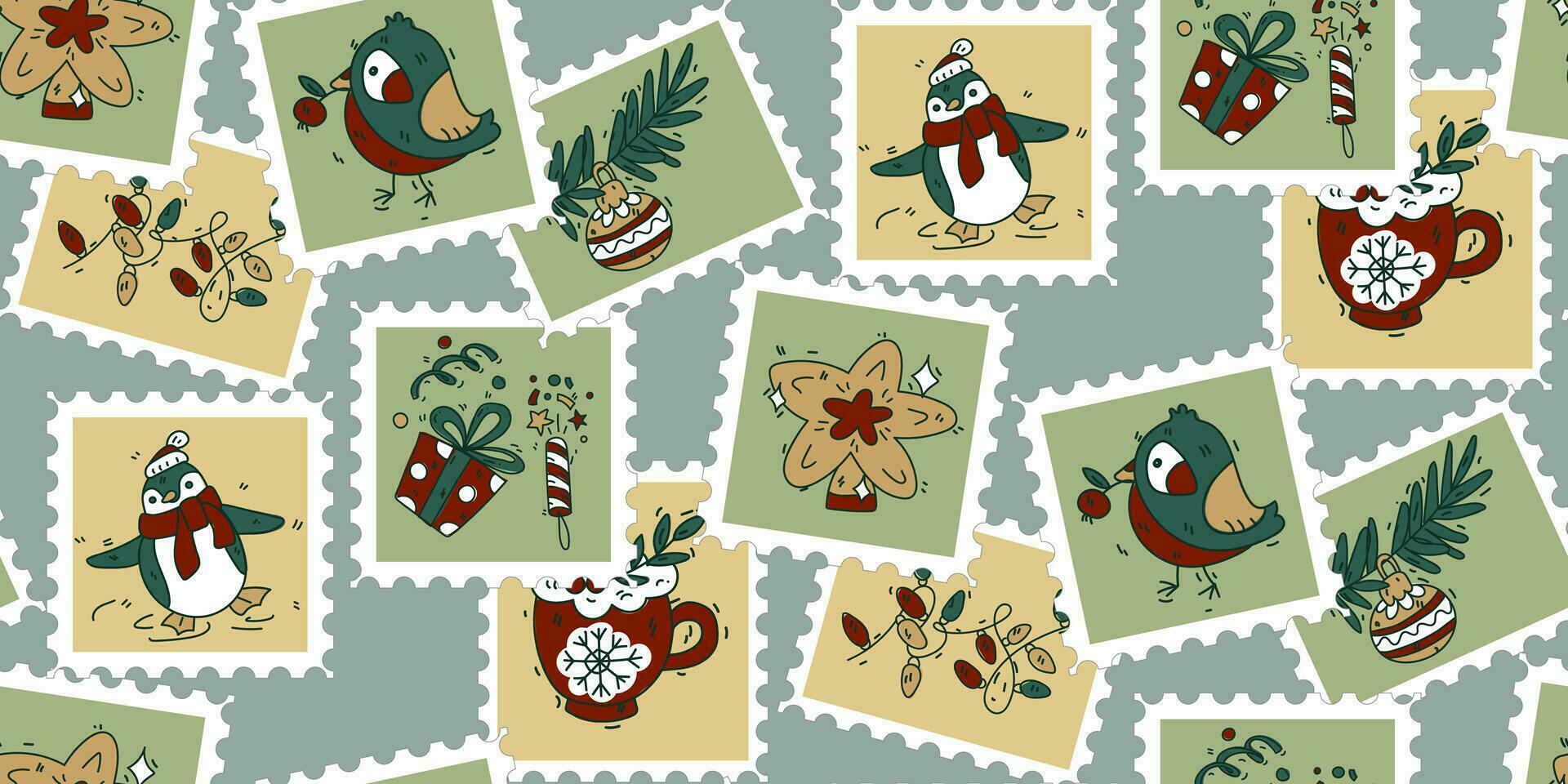 en mönster av söt ritad för hand porto frimärken på topp av varje Övrig med jul och ny år grejor krans, kakao, pingvin, stjärna, gåvor. modern vektor illustrationer i tecknad serie retro stil