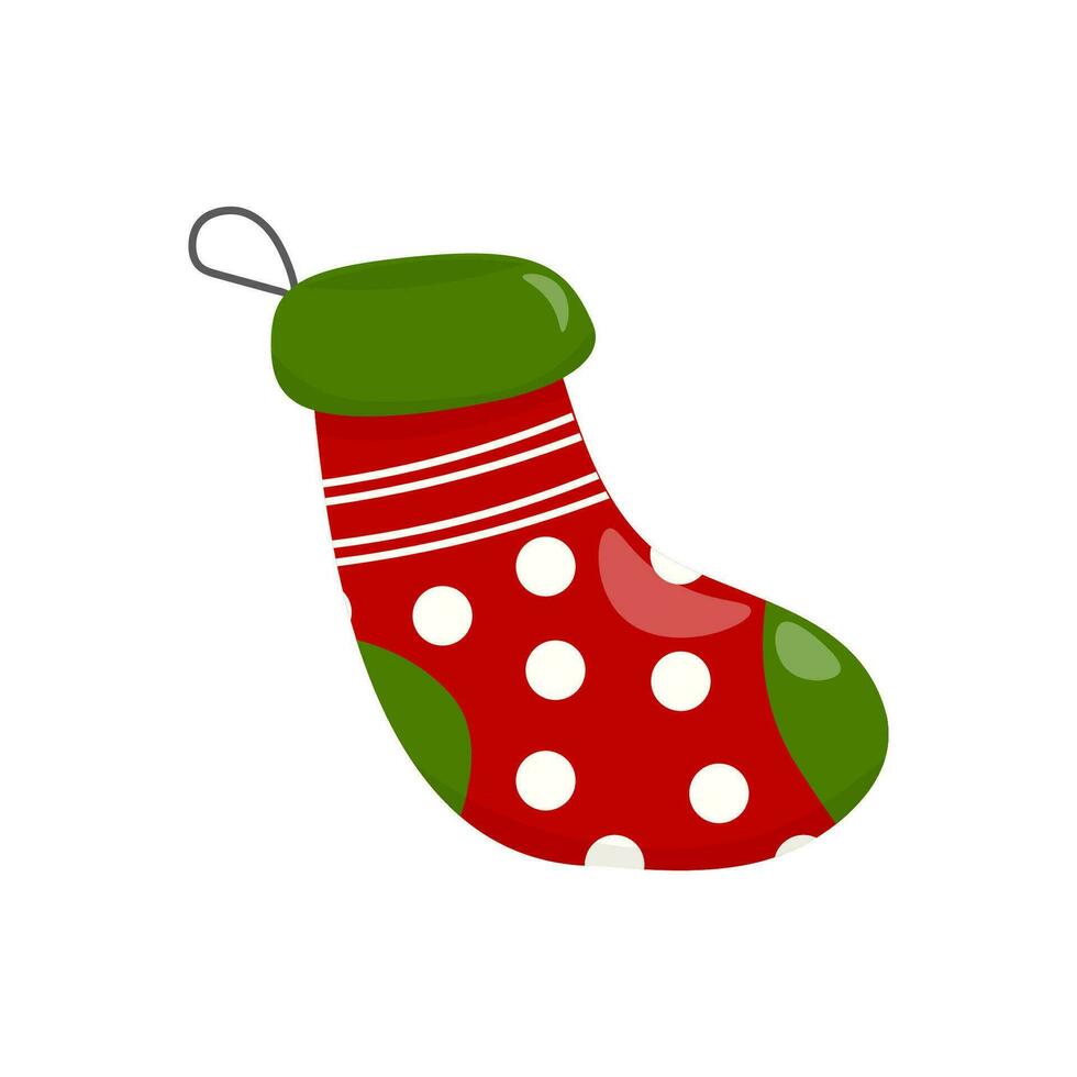 Vektor Single Clip Art Weihnachten Socke mit Polka Punkte im Farbe. auf ein Weiß Hintergrund, Karikatur Stil. Lager Illustration.