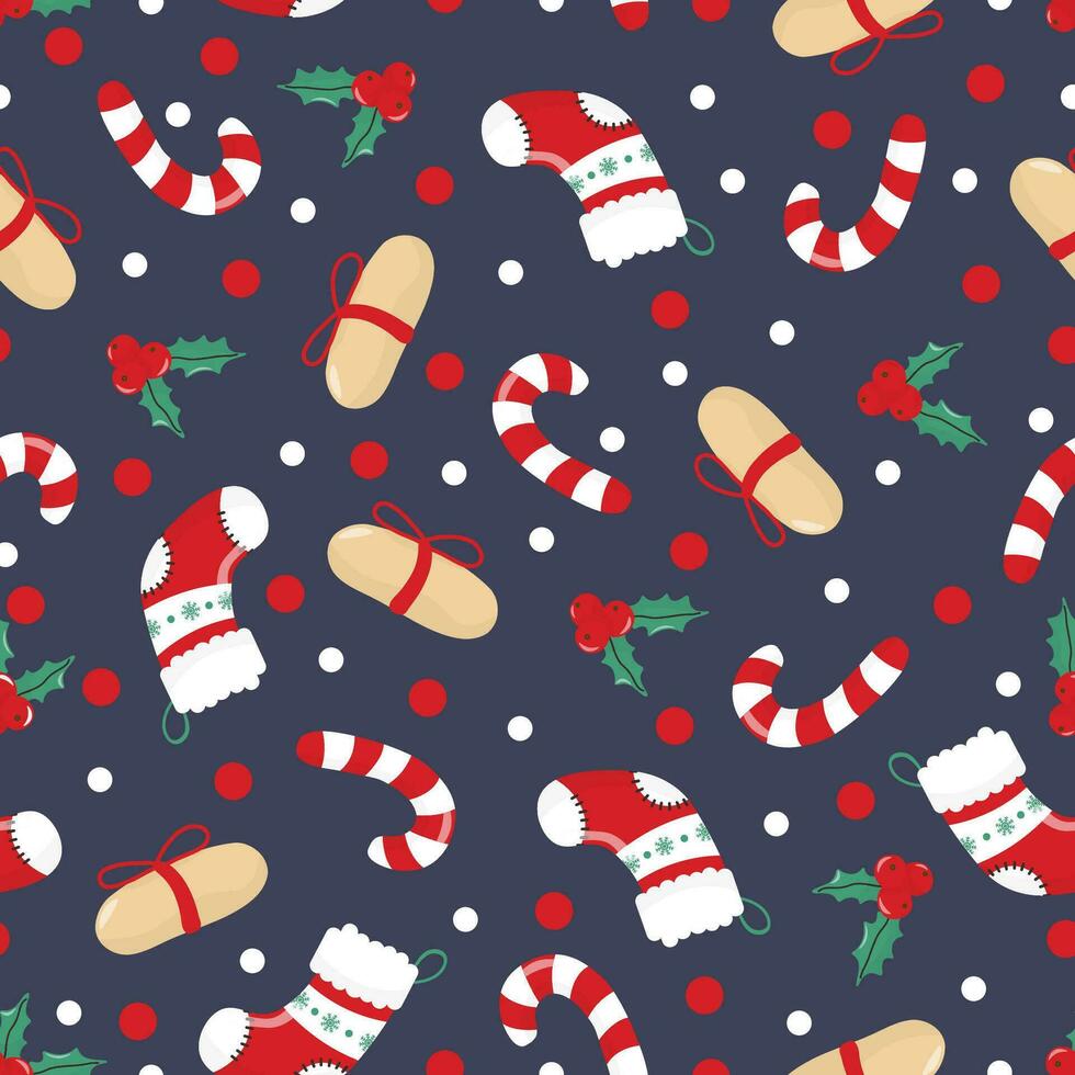 söt hand dragen jul sömlös mönster med gåva låda, jul strumpa, järnek och godis sockerrör. på en mörk bakgrund vektor