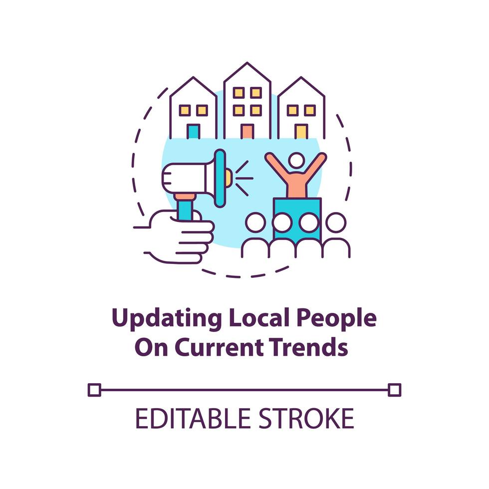 uppdatera lokalbefolkningen på nuvarande trender konceptikon. samhällsutveckling abstrakt idé tunn linje illustration. ge allmänhetens medvetenhet. vektor isolerad kontur färg ritning. redigerbar stroke