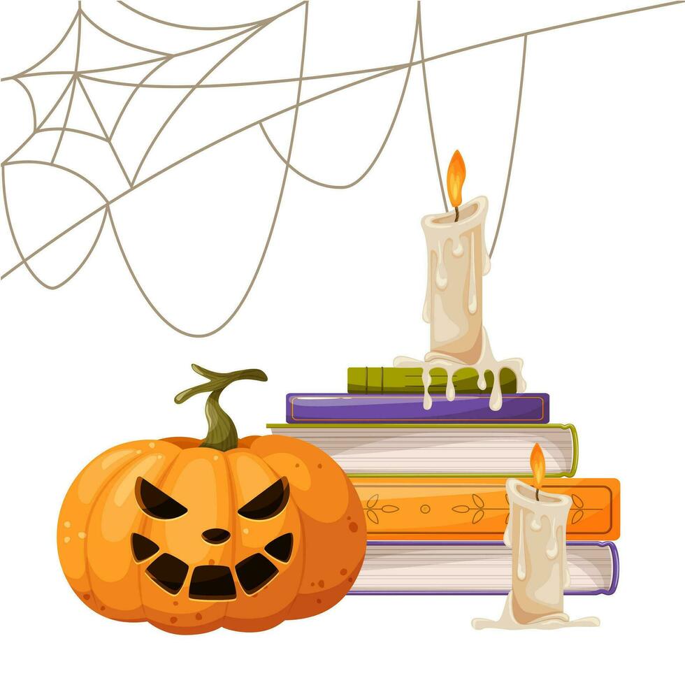 Komposition zum Halloween. Kürbis, Jack Ö Laterne, Stapel von Bücher und Kerzen, Spinnweben im das Ecke. Halloween Haus Dekoration. Vektor Illustration zum Poster, Banner, Abdeckung, Postkarte, Karte.