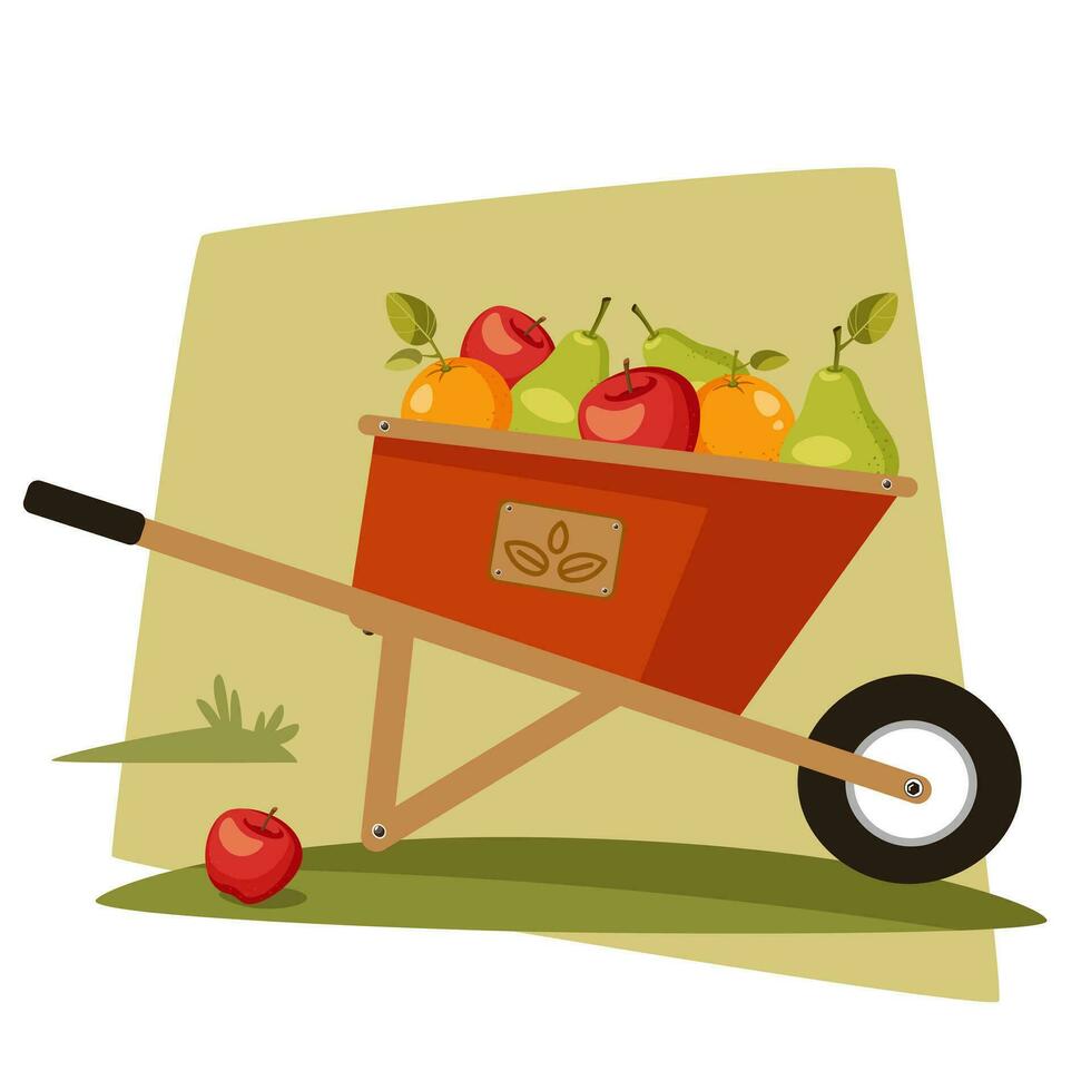 hölzern Bauernhof Wagen mit Früchte. Ernte Festival. frisch organisch Produkte von lokal Bauern Markt. Vektor süß Illustration im Karikatur Stil.