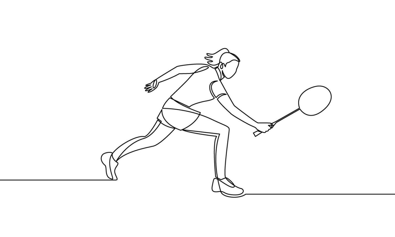 enda kontinuerlig linje teckning av en ung kvinna spelar badminton. sporter, spel. de begrepp av ge sig på och försvar. ett linje vektor illustration