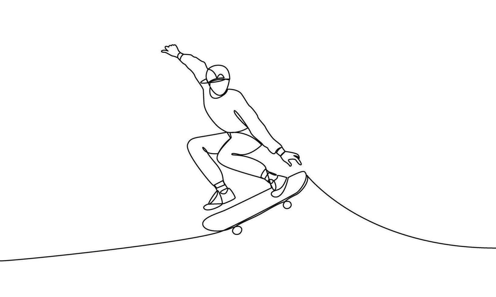 Single kontinuierlich Linie Zeichnung von ein jung Mann tun ein Skateboard springen Trick. Sport, Skateboard fahren. extrem Sport, Freistil. einer Linie Vektor Illustration