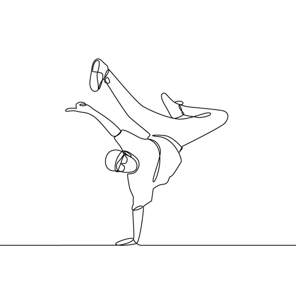 kontinuerlig linje teckning. de kille är dans en modern dansa. brytning, dansa, breakdance. akrobatisk dansare. vektor linjär illustration, kontur