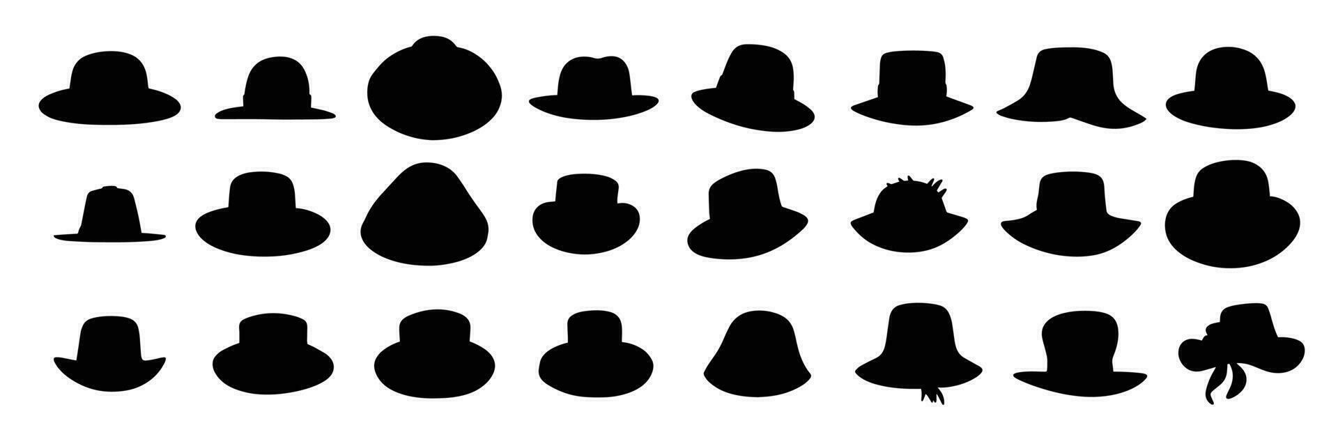 uppsättning av hattar silhuetter. hand dragen hatt silhuett isolerat i vit bakgrund. vektor illustration.