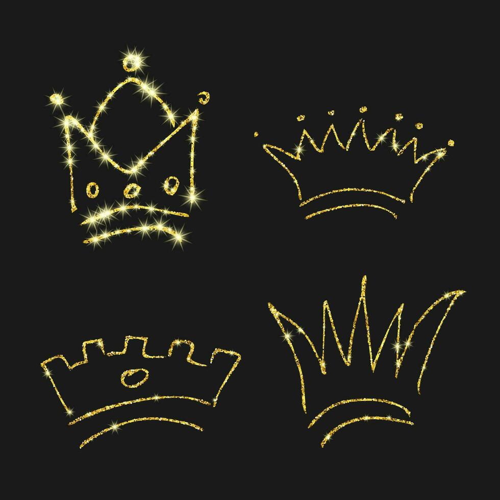 Gold funkeln Hand gezeichnet Krone. einstellen von vier einfach Graffiti Skizzen Königin oder König Kronen. königlich Kaiserliche Krönung und Monarch Symbol isoliert auf dunkel Hintergrund. Vektor Illustration.