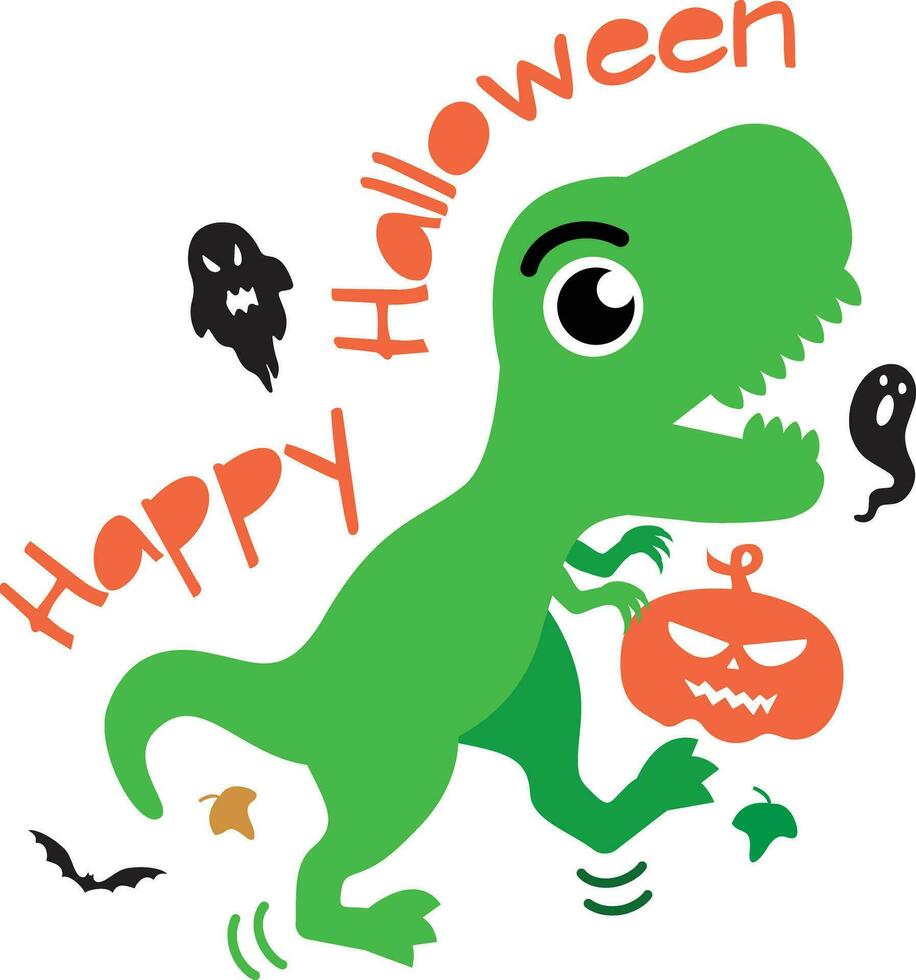 söt grön dinosaurie t rex innehav en pumpa och rytande för halloween fest. vektor illustratör