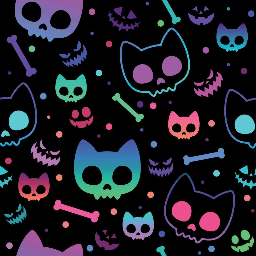 Neon- Katze Schädel Knochen Halloween Muster vektor