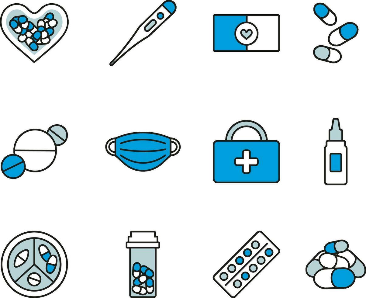 medizinisch Vektor einstellen Symbole linear Blau Farbe Krankenhaus Medikation Tabletten Maske Krankenwagen zuerst Hilfe Kit Gesundheit Pflege