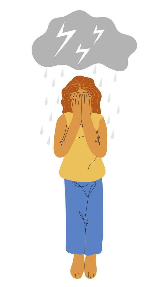 jung weiblich Charakter mit Wolke Regen, deprimiert Negativ Denken, Pessimismus verärgert Stimmung. unzufrieden Frau vektor