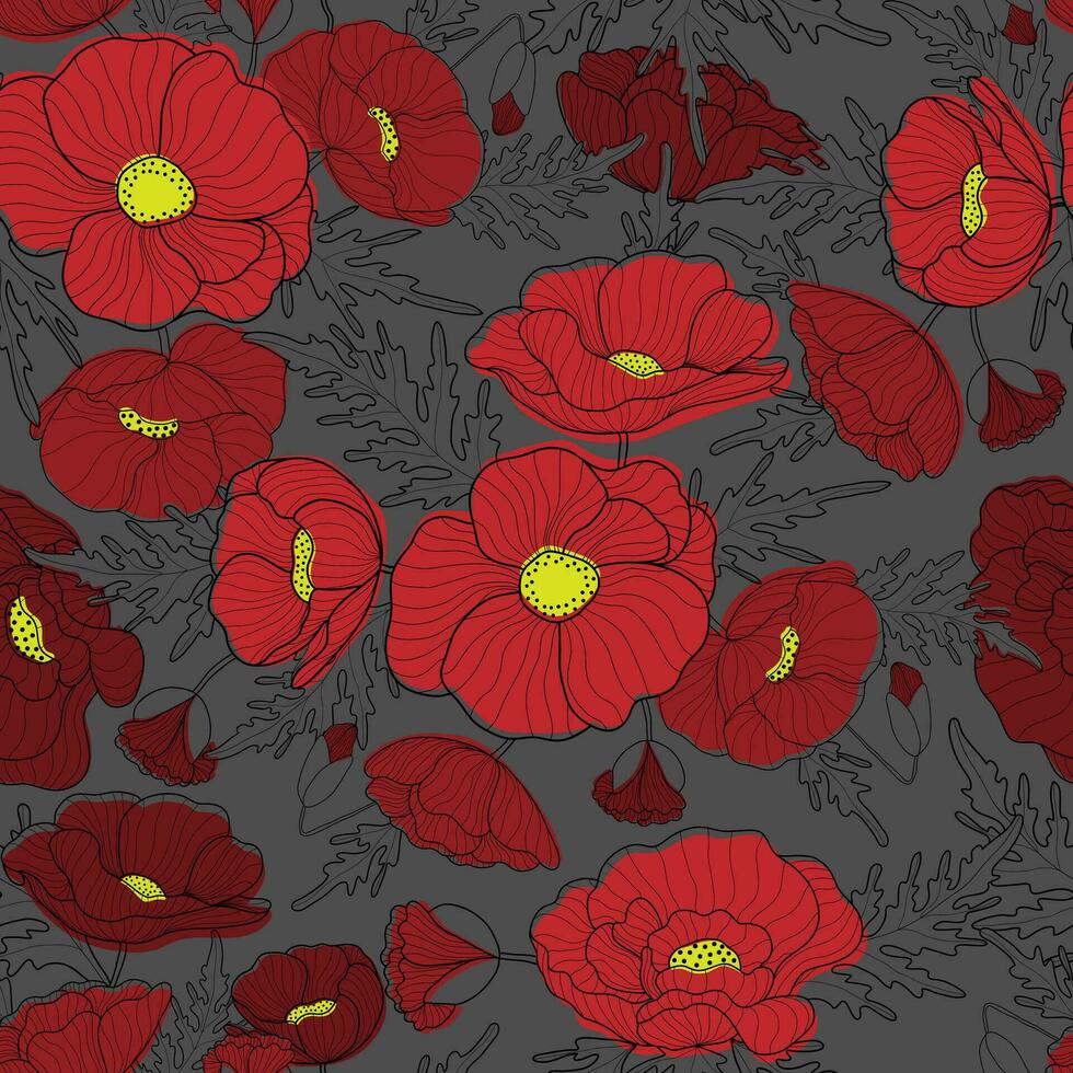 blommor sömlös mönster. röd vallmo på mörk bakgrund. blommig skriva ut för textil, tapeter, tyg och omslag papper. vektor
