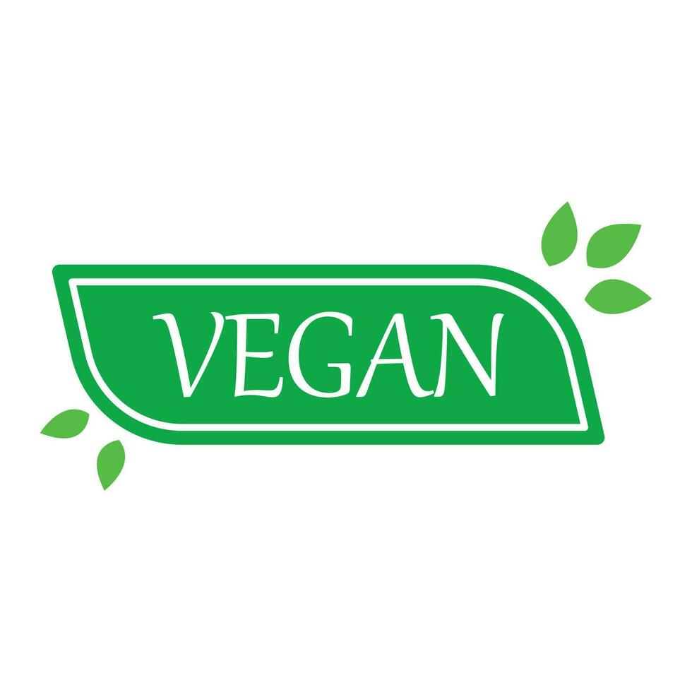 vegan mat klistermärke, märka, bricka och logotyp. ekologi ikon. logotyp mall med grön löv för vegan Produkter. vektor illustration isolerat på vit bakgrund