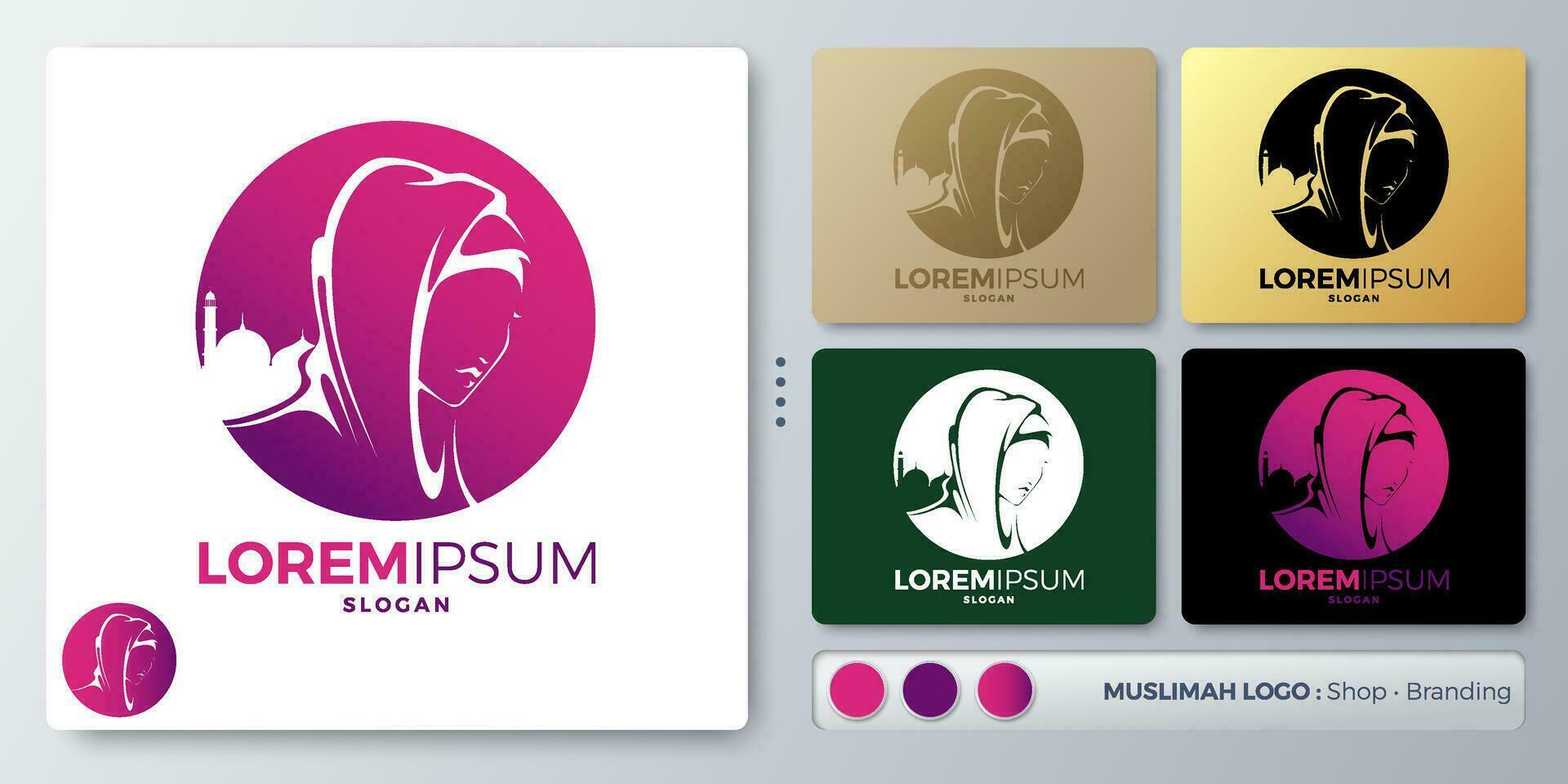 Frauen und Hijab Vektor Illustration Logo Design. leer Name zum einfügen Ihre Branding. entworfen mit Beispiele zum alle Arten von Anwendungen. Sie können benutzt zum Unternehmen, Identität, Mode Muslim Dame.