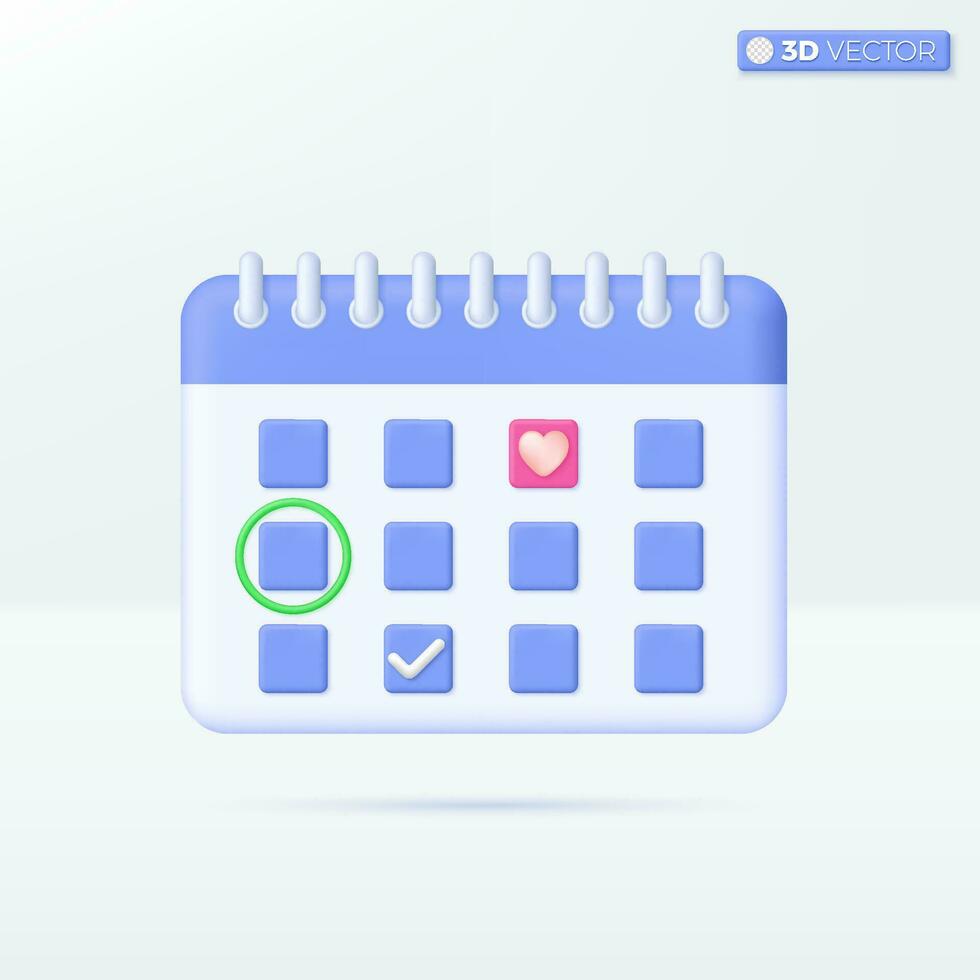 Kalender mit Herz Symbol Symbole. Valentinsgrüße Tag, Februar, Hochzeit Zeitplan Planer Konzept. 3d Vektor isoliert Illustration Design. Karikatur Pastell- minimal Stil. benutzt zum Design ux, ui, drucken Anzeige