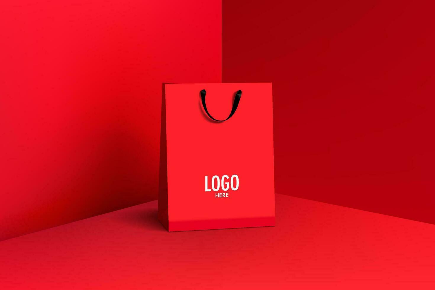 rot Papier Tasche und schwarz Griff realistisch Vektor Design. leer Logo zum einfügen Ihre Branding. Sie können benutzt zum Marketing online, Verkauf, Präsentationen Layout, Werbung, Beförderung Kampagne, drucken Anzeige.