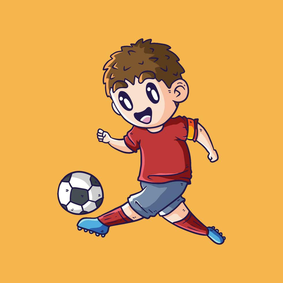 glücklich süß Junge spielen Fußball. Junge spielen Fußball Vektor Illustration. Kinder spielen Fußball Illustration. Fußball Illustration.