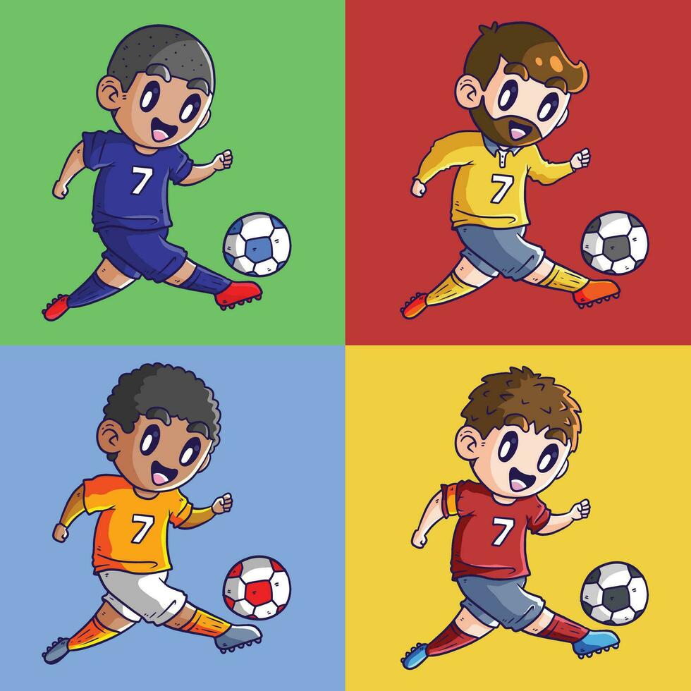 uppsättning av man spelar fotboll. pojke spelar fotboll vektor illustration set. man spelar fotboll illustration. fotboll illustration set. söt fotboll illustration uppsättning