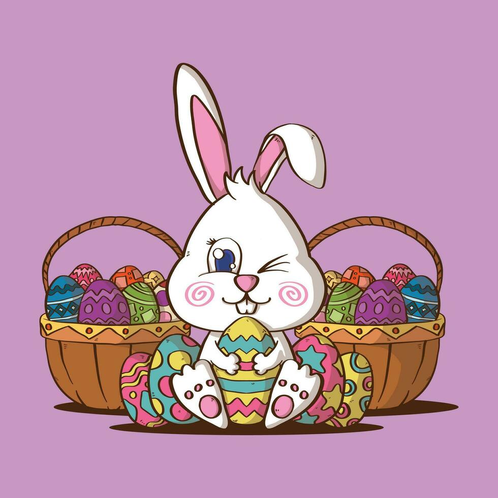 süß Ostern Hase und Ostern Eier Vektor Illustration. Hase und Ostern Eier Maskottchen Vektor Illustration