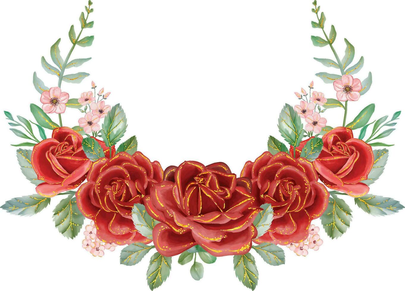 rot Rose mit Gold Linie Aquarell Blumen- Kranz. luxuriös Blumen- Elemente, botanisch Hintergrund oder Hintergrund Design, druckt und Einladungen, und Postkarten. vektor