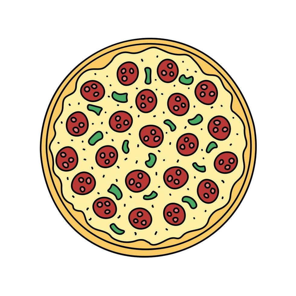 runda pizza vektor klotter element isolerat. översikt illustration av snabb mat maträtt med salami och grönsaker. hand dragen söt färgrik klotter