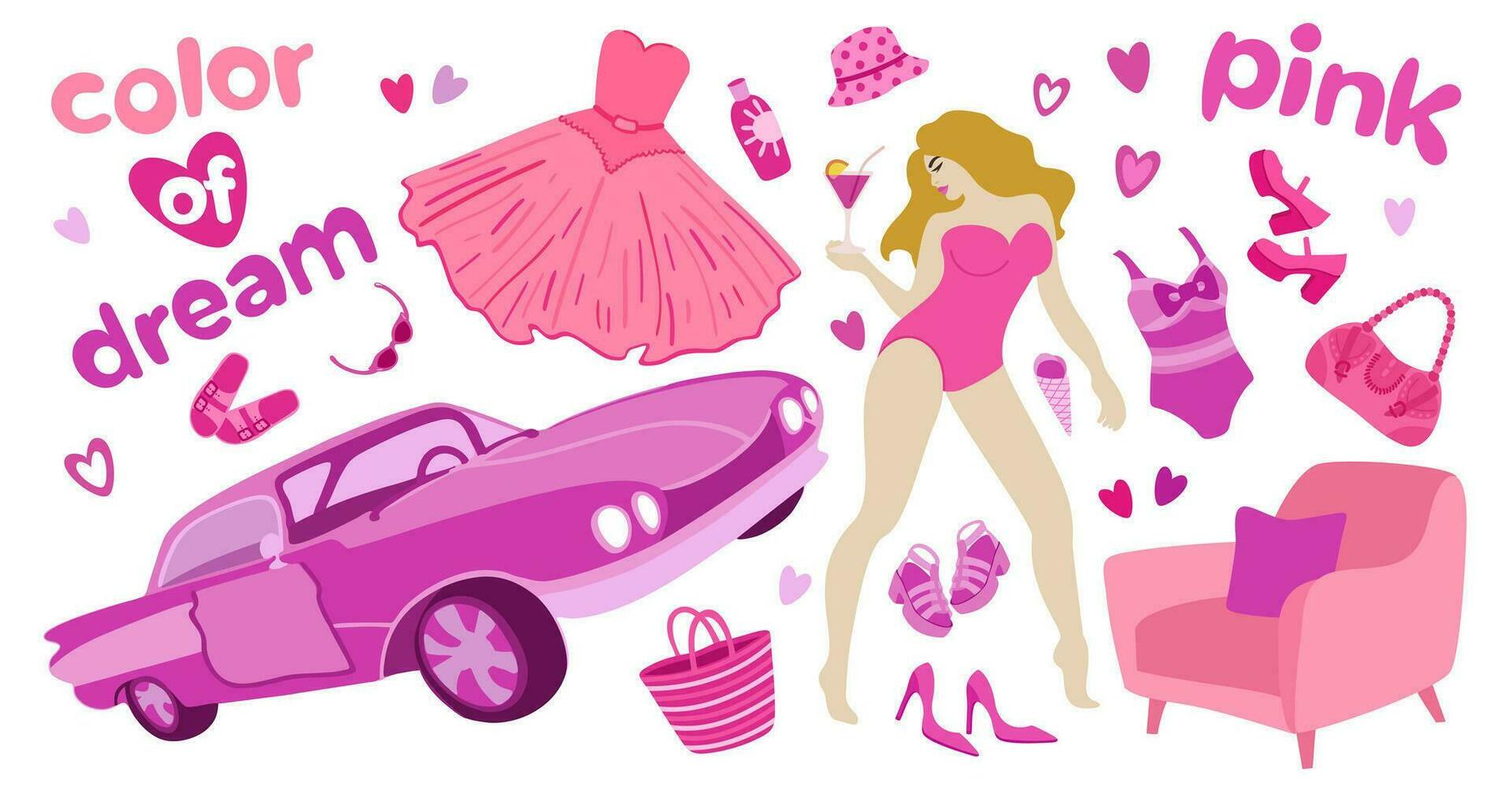rosa trendig samling. rosa Färg av dröm. glamorös uppsättning för kvinna i modern Färg. vektor isolerat illustration. rosa kärna