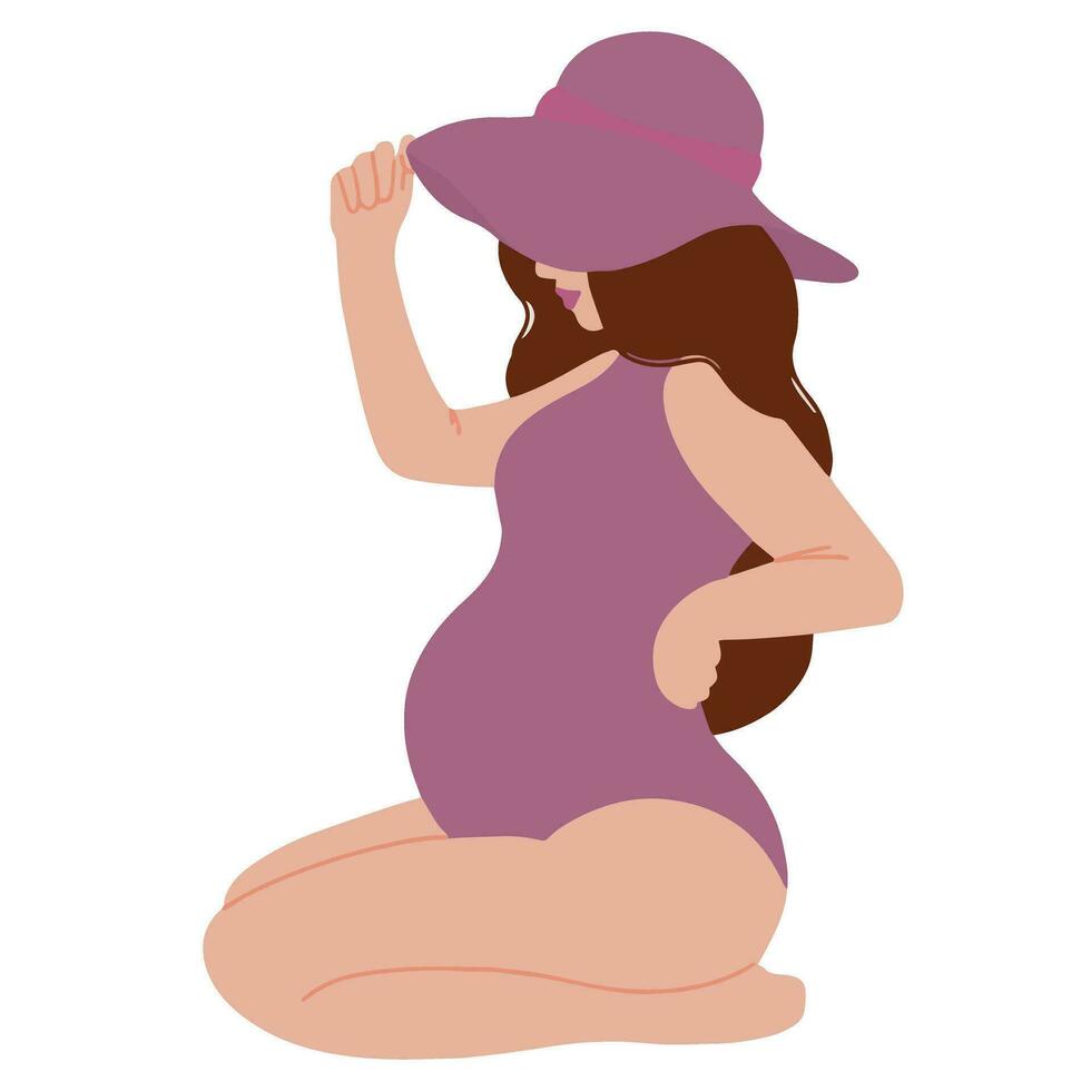 estetiska illustration av söt gravid kvinna med strand hatt och baddräkt vektor