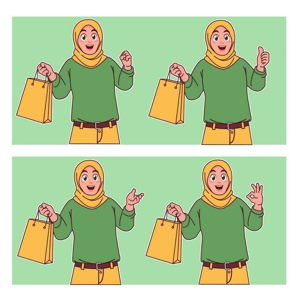 Hijab Frau Tragen Einkaufen Taschen vektor