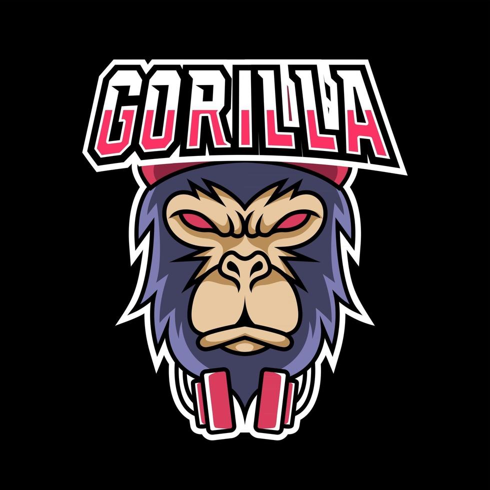 gorilla apa apa maskot sport esport logotyp mall med hörlurar vektor