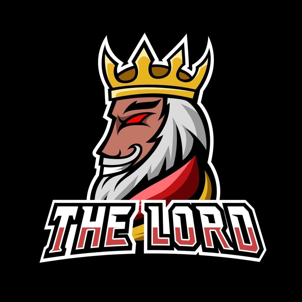 King Lord Gaming-Sport-Esport-Logo-Design-Vorlage mit Rüstung, Krone, Bart und dickem Schnurrbart vektor