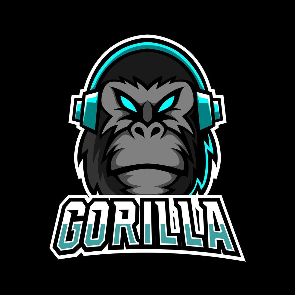 svart gorilla apa apa maskot sport esport logotyp mall med hörlurar vektor