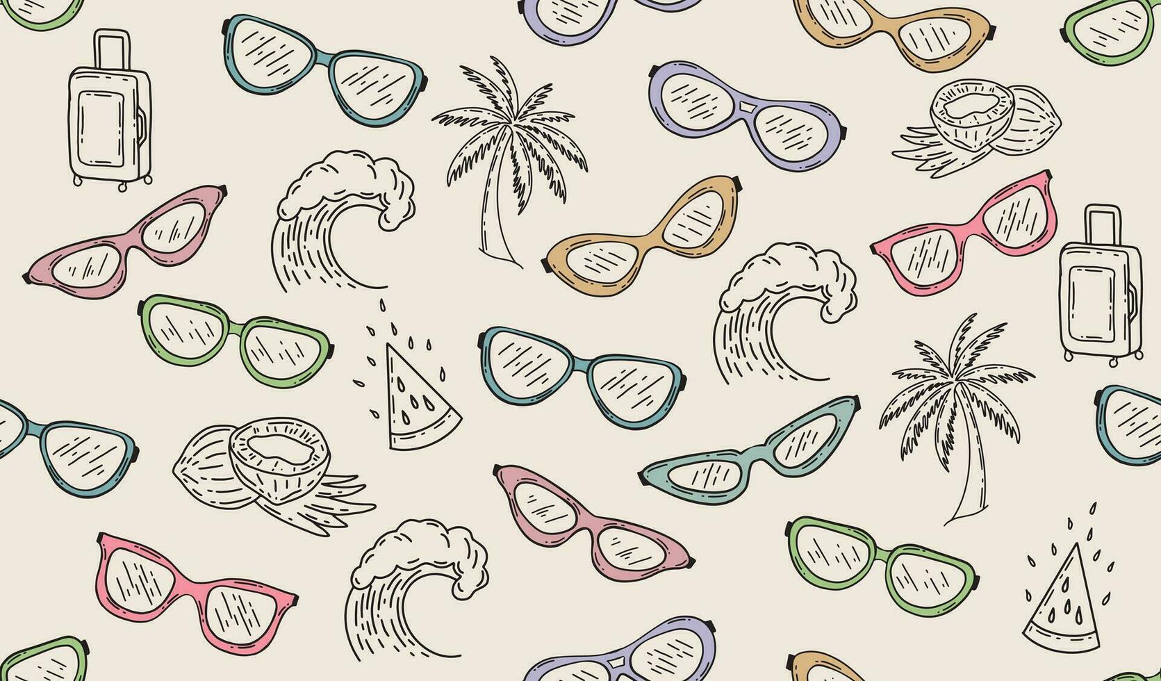 Sonnenbrille, Palme, Sommer, Welle Hand gezeichnet Illustration, Vektor. vektor