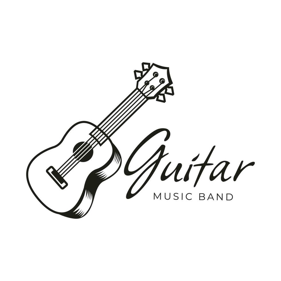 Gitarre Geschäft Gitarre Geschäft Design Vektor Illustration. Jahrgang klassisch Musik- und Band Verein Festival Logo